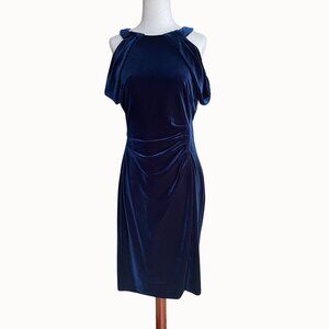 Ralph Lauren Blue Stretch Velvet Off Shoulder Midi Sheath Cocktail Dress Size 8